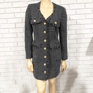 Derek Lam Collective Tweed Blazer Dress Gold Button Fringe V Neck Long Sleeve